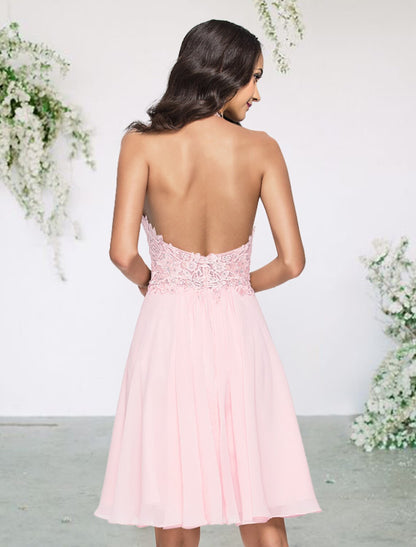 A-Line Bridesmaid Dress Halter Neck Sleeveless Sexy Short / Mini Chiffon / Lace with Pleats / Appliques