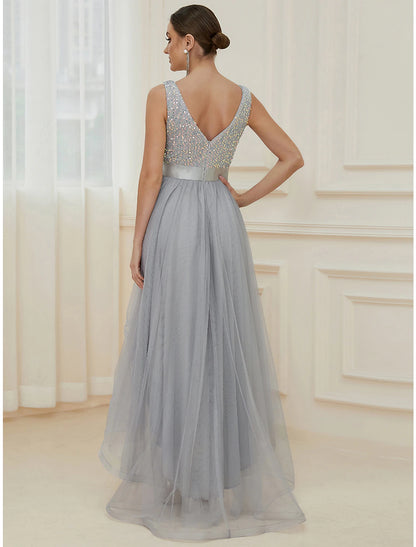 A-Line Bridesmaid Dress V Neck Sleeveless Elegant Asymmetrical Sequined with Sequin / Tier / Sparkle & Shine