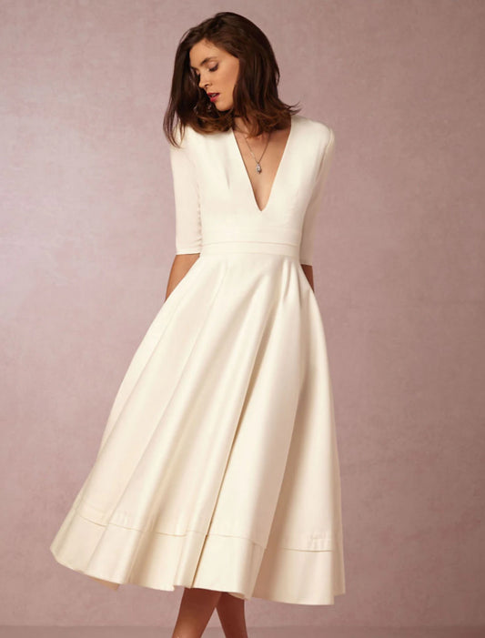 A-Line Special Occasion Dresses Party Dress Holiday Wedding Guest Tea Length Half Sleeve V Neck  Jersey with Pleats